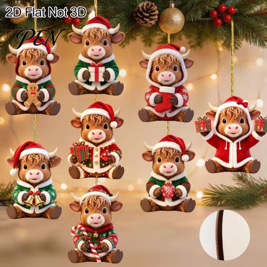 Animal Theme Christmas Tree Ornaments Wooden Highland Cow Ornament, 2D Cute Hanging Shape Decor with String, Farmhouse Holiday Party Decoration