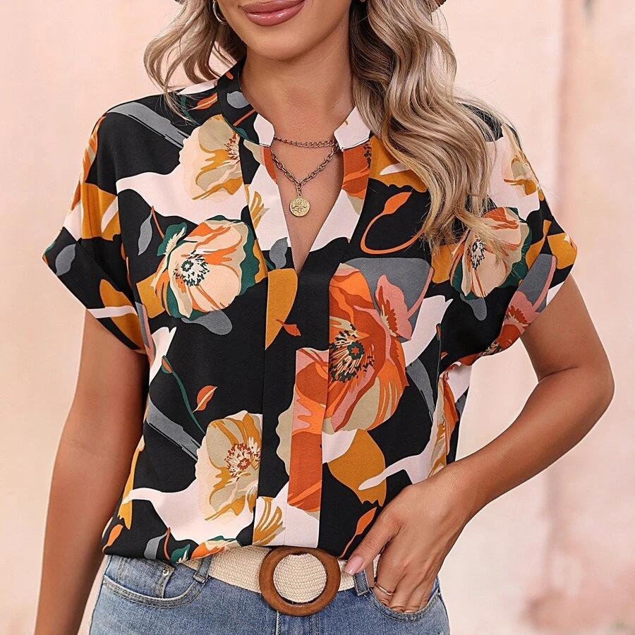 Summer Retro Ladies Short Sleeve Printed T-Shirt Casual Loose Blouse Pullover Tops