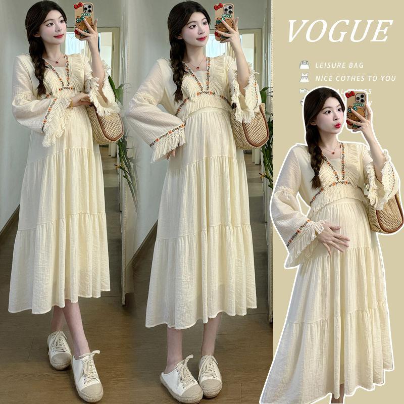 Maternity Dress High-End Sensation Internet Celebrity Ethnic Style Exotic Style Vacation Style Fashionable Stylish Mom Temperament Long Sleeve Dress
