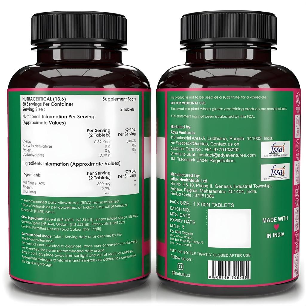 Nutrabud Milk Thistle Liver Support Tablets 800mg Silymarin 60 Count 150g Bottle Natural Detox Aid Daily Wellness Health
