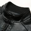 Men Jacket Faux Leather Solid Color Stand Collar Smooth Thick Warm Long Sleeve Zipper Neck Protection Motorcycle Windproof Cool Autumn Winter Jacket