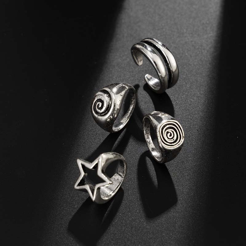 4 Pièces/Ensemble Anneaux Larges Étoile à Cinq Branches Spirale Couleur Argent Vintage Punk Pour Femmes Hommes Anneaux de Doigt Épais Hiphop Créatif Bijoux