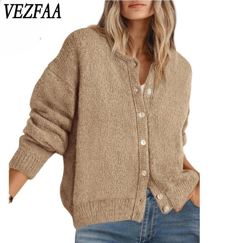 VEZFAA Moda feminina casual outono inverno cor sólida estampa manga comprida gola redonda suéteres