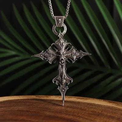1Pc Personalized Retro Gothic Cross Skull Pendant Necklace, European and American Fashion Exaggerated Pendant