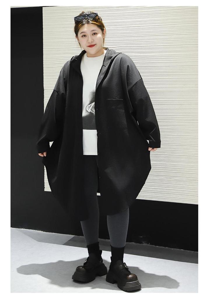 Plus Size Women's Hooded Long Sleeve Midi Trench Coat 300 Jin Fat MM Slimming Jacket