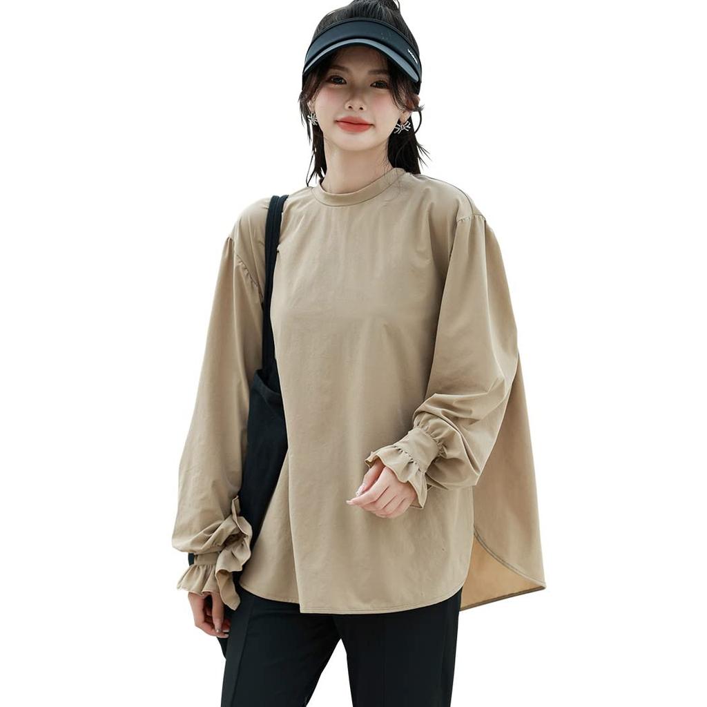 Teddy Long Sleeve Rash Guard with Slit Cooling Size Beige Women's Leggings, Amphibious, Hoodless, UPF50+, L, (rashguard032)