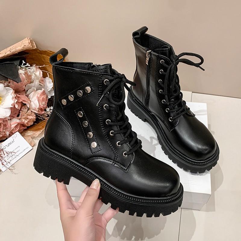 Mode Femme Style Britannique Semelle Épaisse Bottines Courtes Automne Hiver Nouveau Noir Talon Carré Punk Lacets Cuir PU Moto Botas