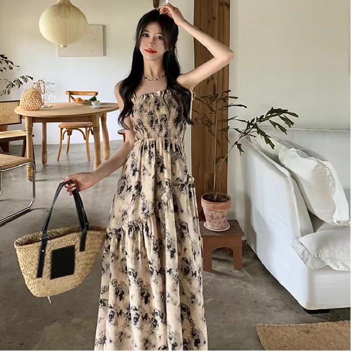 New Plus Size Floral Print Cami Dress,High Waist Slimming Sleeveless Sundress S чёрный