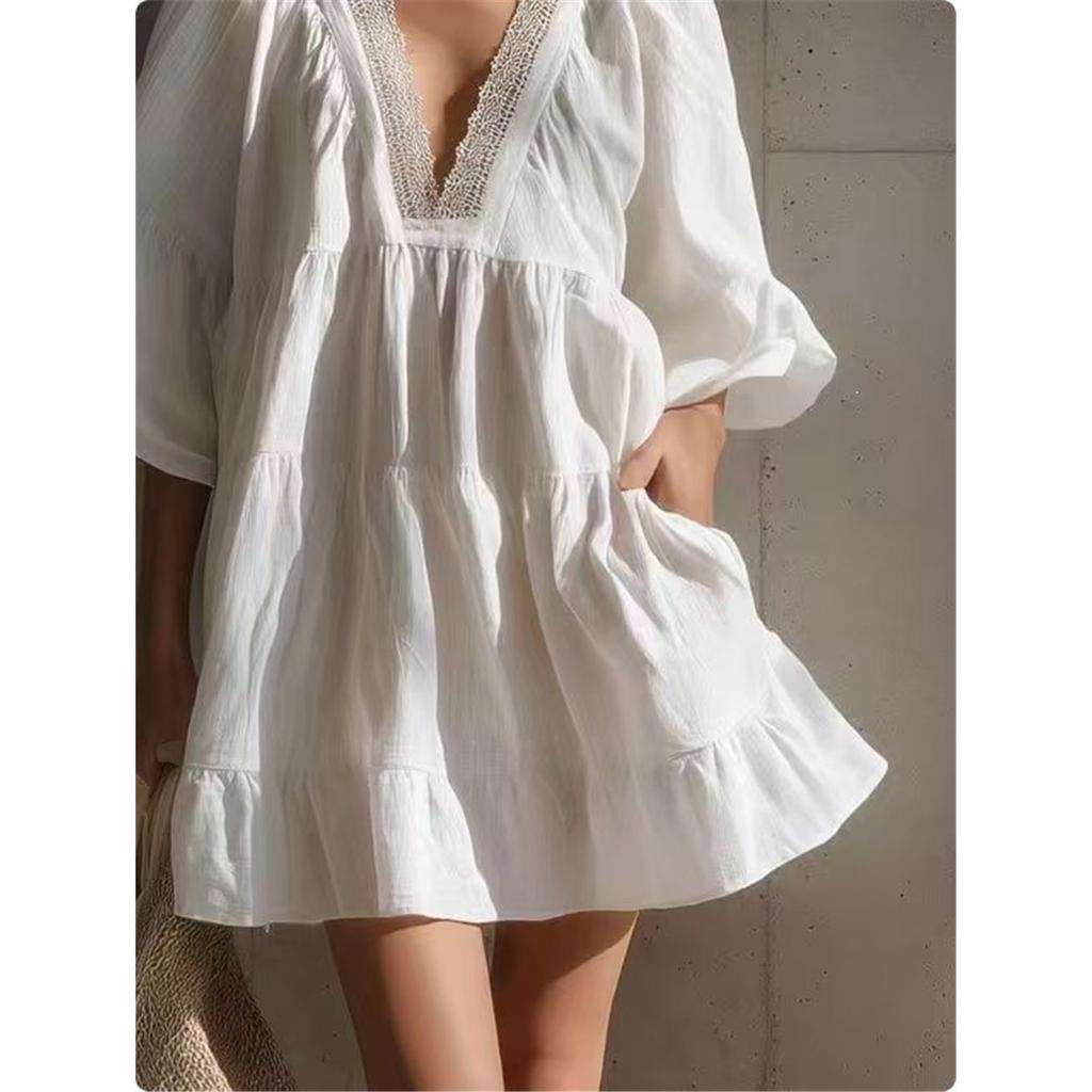 Women V‑Neck Lace Trim Mini Dress Flare Bell Sleeve Loose Tiered Ruffle Short Dress Casual Beach Vacation Ladies Sundress