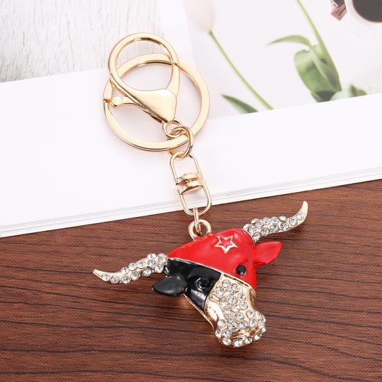 Creative Bull Head Keychain Alloy Animal Pendant with Colored Rhinestone Lobster Clasp Stylish Accessory for Keys Bags Backpacks Gift