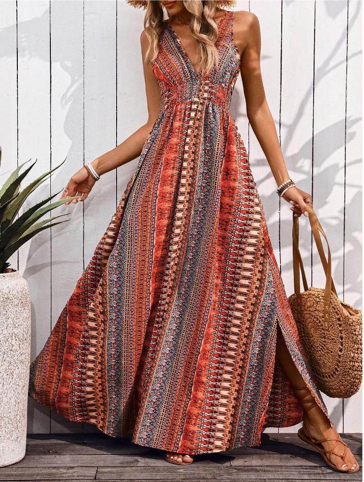 European and American Summer New Vacation Fashion Waist Deep V Printing Sleeveless Dress