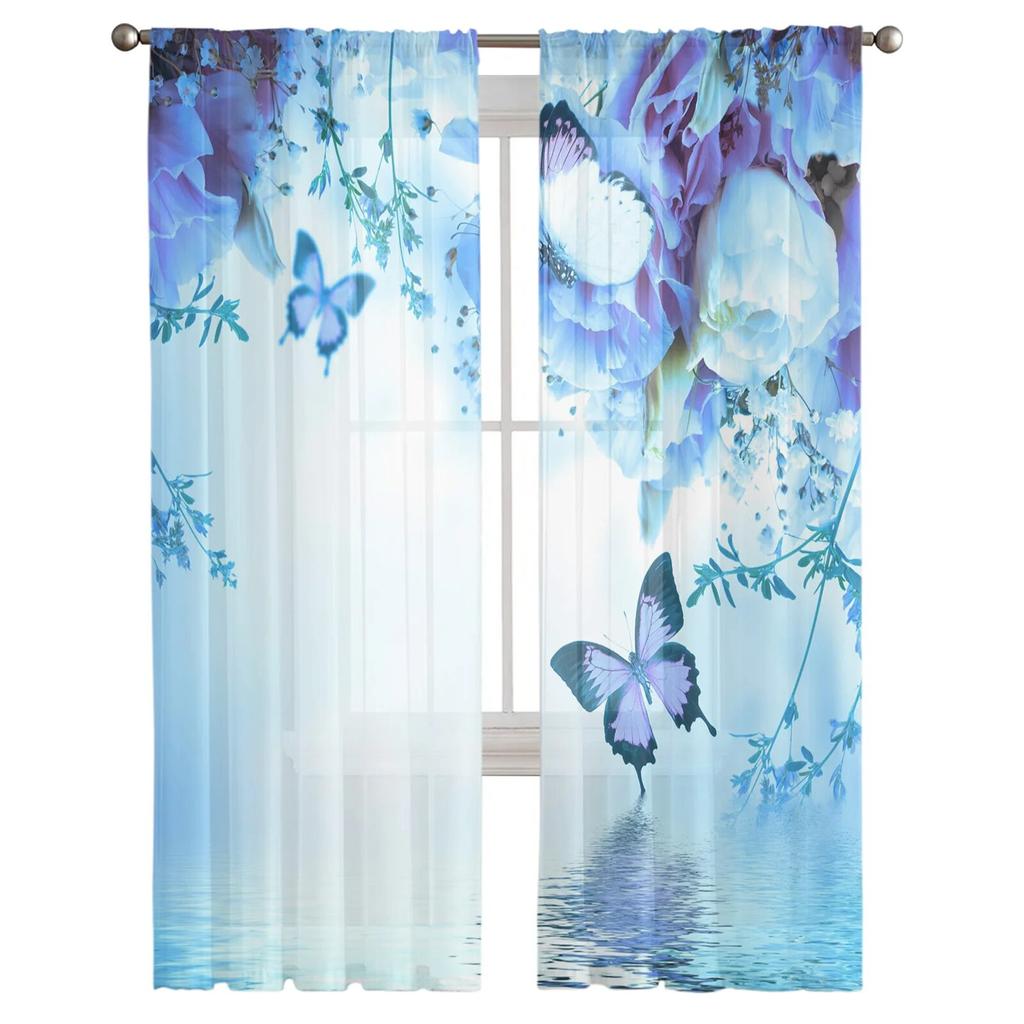 Animal Butterfly Flower Blue Rose Window Tulle Curtains For Living Room Bedroom Hotel Luxury Decoration Sheer Curtains