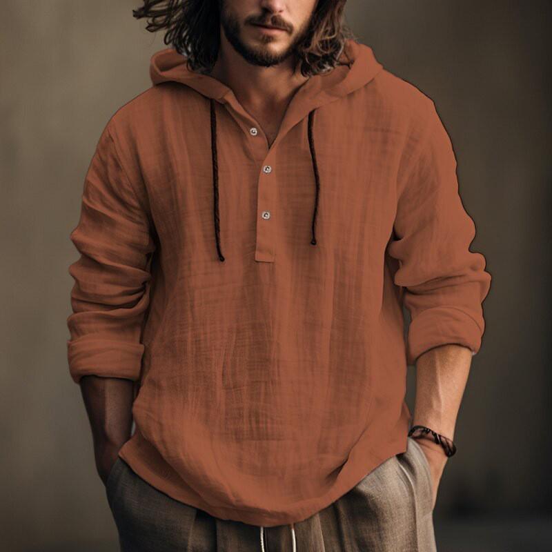 Men's Cotton Linen Hooded Sweatshirt - Casual Solid Color, Long Sleeve, Trendy Autumn Wear