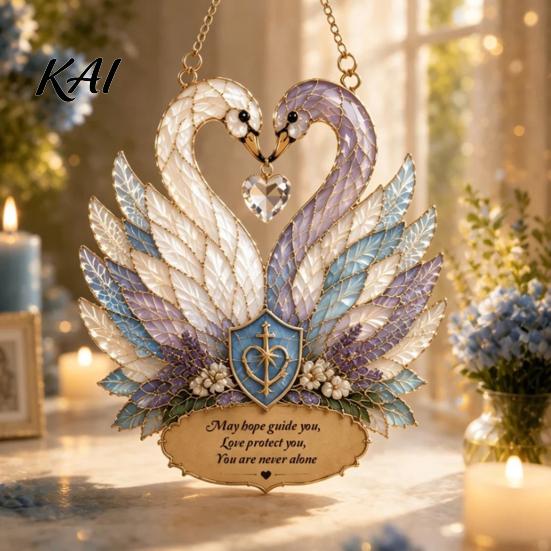 Love Symbol Home Decor Stained Glass Style Swan Pendant, Decorative Acrylic Suncatcher for Window Car Hanging Ornament And Christmas Tree Ornament,
