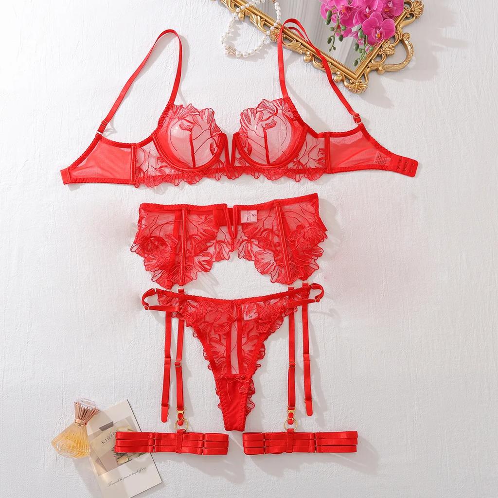 Womens 5 Piece Set Transparent Floral Lace Bra Thong Garter Set with Gloves Sexy Lingerie Sets Sensual Underwear Erotic Costumes