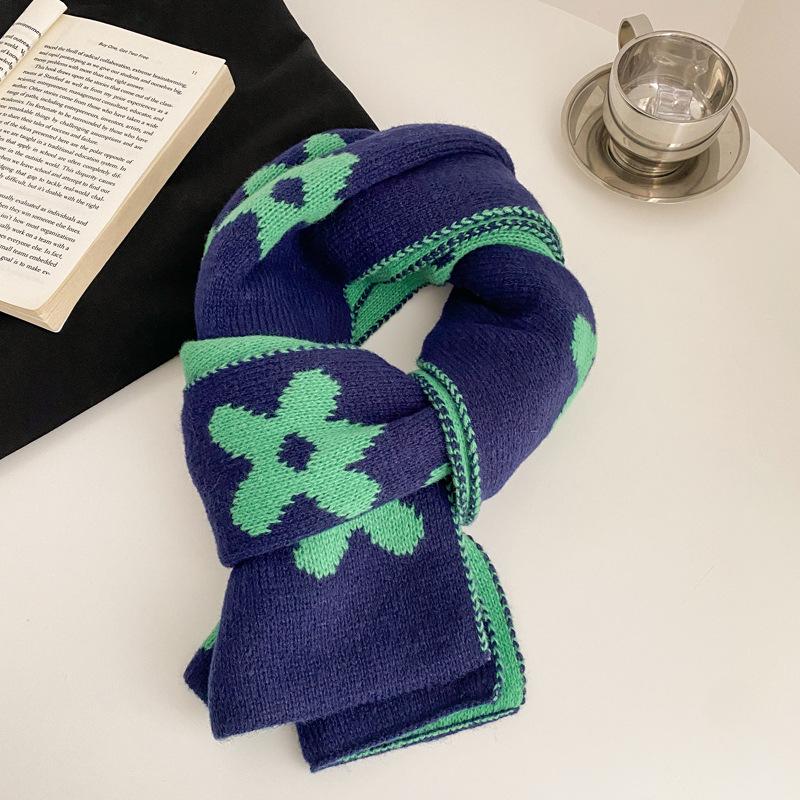 New flower solid color soft waxy knitted wool scarf female autumn and winter student versatile warm scarf