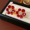 Retro Red Zirconia Pearl Flower Earrings - High-End Hong Kong Style Studs for Women