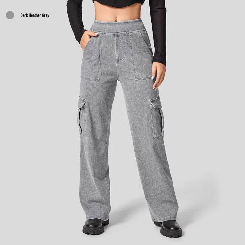 Women s Plus Size High-Waisted Multi-Pocket Wide-Leg Knit Denim Pants Medium