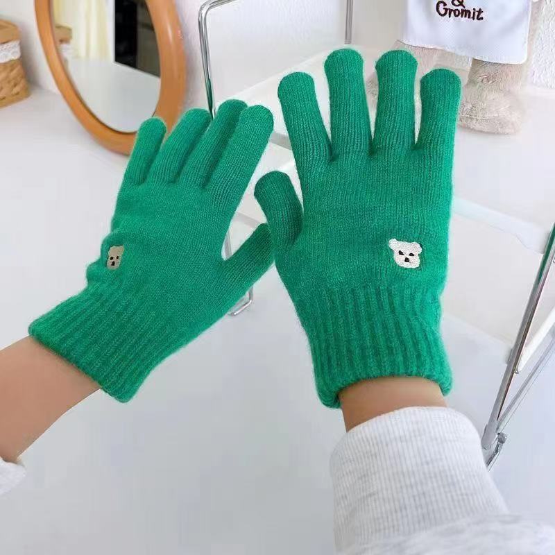 New Autumn and Winter Cute Bear Embroidery Wool Knitted Five-finger Gloves Finger-revealing Female Solid Color