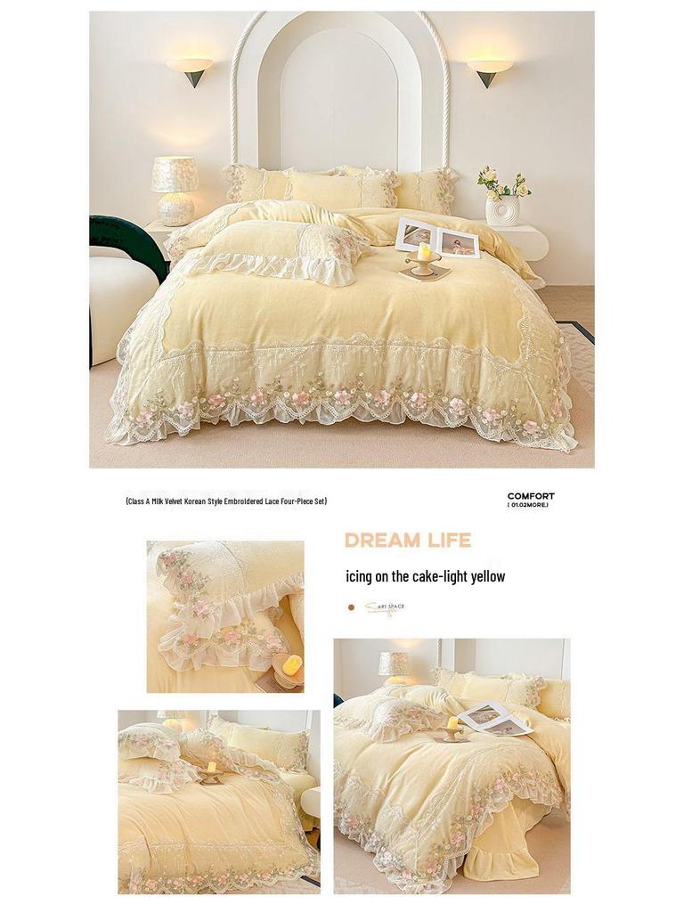 Koreanisches Prinzessinnen-Spitzenrand-Milchsamt-4-teiliges Set: Antistatische Korallenfleece-Bettlaken & Bettbezug