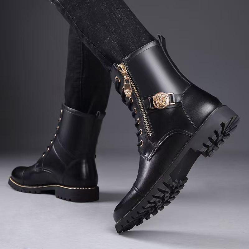 Stivali Martin da Uomo 2025 in Pelle Nera a Mezza Gamba, Vera Pelle, Resistenti all'Usura, con Zip