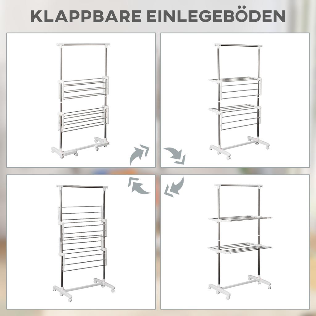 Tower Clothes Airer, Extendable Standing Dryer with 3 Levels, Foldable Wings, Casters, 154 cm, White