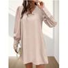 Spring and Summer New Arrival Fashion Fashion Commuter Ol Pure Color V-neck Back Single-Breasted Bubble Long Sleeve Dress Short Skirt for Women