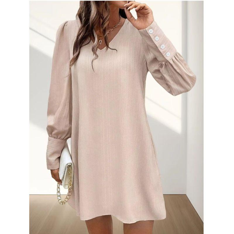Spring and Summer New Arrival Fashion Fashion Commuter Ol Pure Color V-neck Back Single-Breasted Bubble Long Sleeve Dress Short Skirt for Women