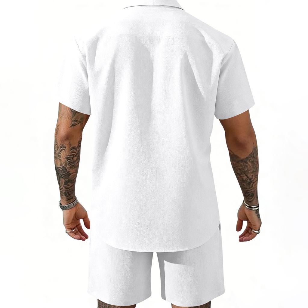 Men's Summer -Color Collared Button-Down Shirt And Shorts Set