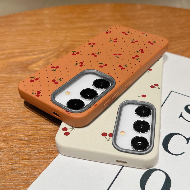 Cherry Wave Point Print Soft Phone Case For Samsung S25 Ultra S24 FE S23 S22 A16 A56 A55 A36 A15 A26 TPU Matte Leather Texture Shockproof Slim Cover
