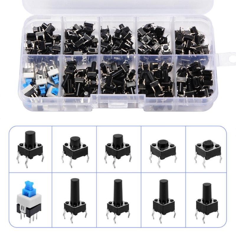 180PCS 10 Type Push Button Switches Kits Assortment Set 4Pin Touches Push Button Switches Momentary Tact Switches