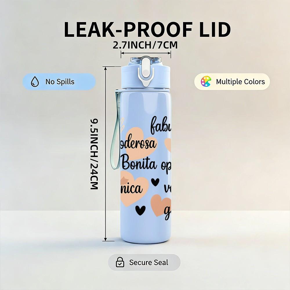 1PC Blessing Text Quote Pattern 750ml Color Plastic Sports Water Bottle Leakproof Flip Straw Lid Suitable for Sports Office Home Use