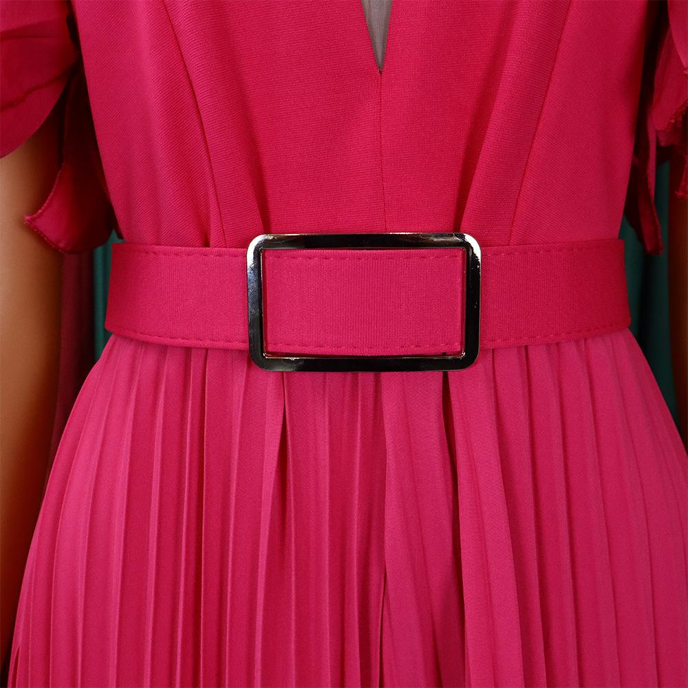 Luxury Pleated Jumpsuits Rompers Women Sexy V Neck Ruffles Sleeve Belt Waisted Floor Length Elegant Overalls