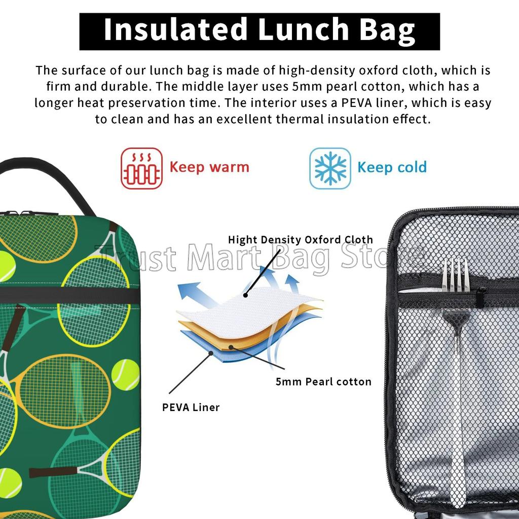 Tennis Rackets and Balls Print Insulated Lunch Bag Reusable Portable Waterproof Lunch Box Cooler Thermal Bento Tote for Sports