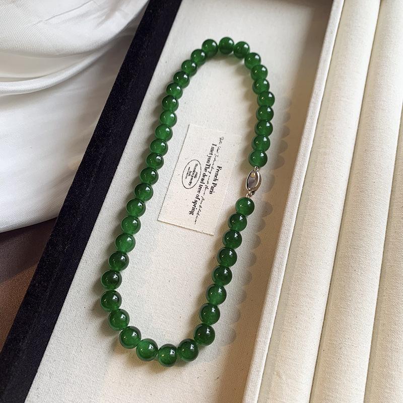 New Chinese ingot buckle green glazed bead necklace temperament collarbone chain Internet celebrity retro necklace women