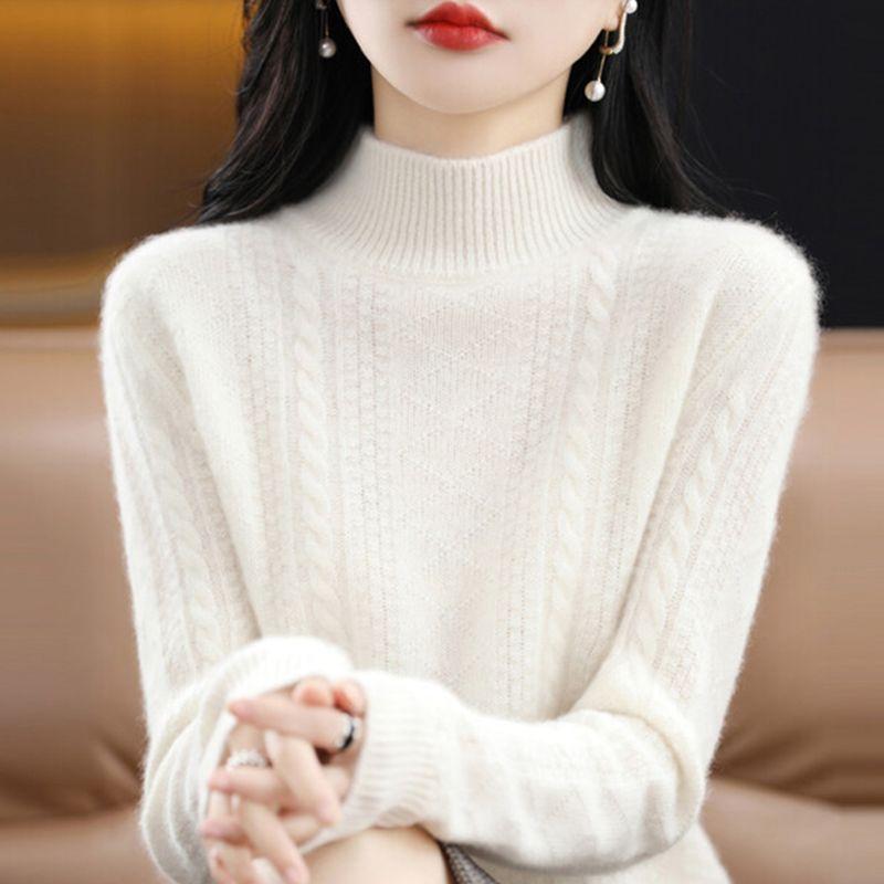 Damen Herbst und Winter Modische Pullover Tops Lose Halb Rollkragenpullover Verdickt Gestrickte Bottoming Shirt