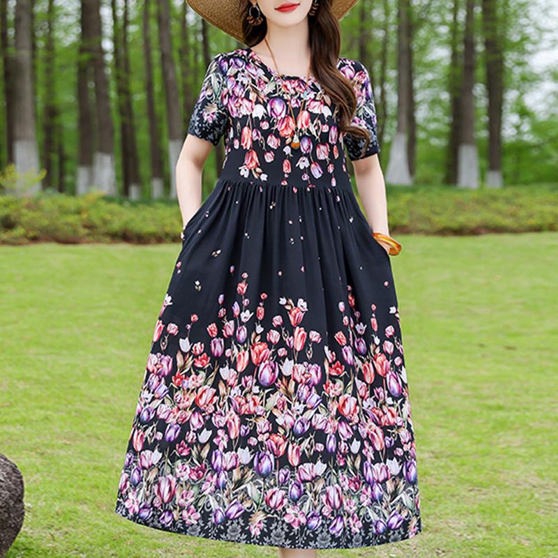 Casual Women's Dress Summer Vintage Clothes Loose Short Sleeve Plus Size Elegant Long Dresses