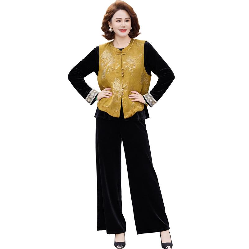 Elegant Spring Suit: New Chinese Style Vest & Gold Velvet Three-Piece for Middle-Aged and Elderly
