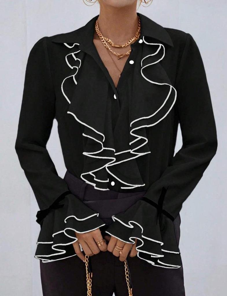 2026 European & American Women's Solid Color Ruffle Flare Sleeve Shirt