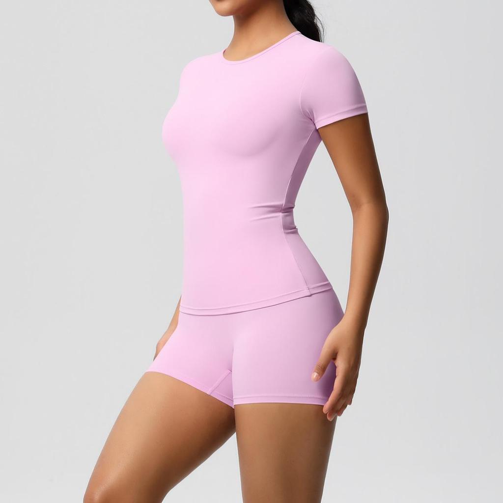 Women's Skin-friendly Sports Yoga Set: Solid Color Slimming T-shirt & Fitness Shorts