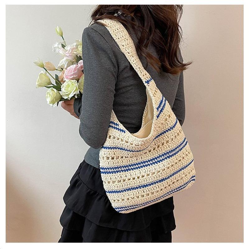 New Striped Cotton Thread Straw Bag Handwoven Bag Shoulder Handbag Large Capacity Resort Beach Tote Bag Women