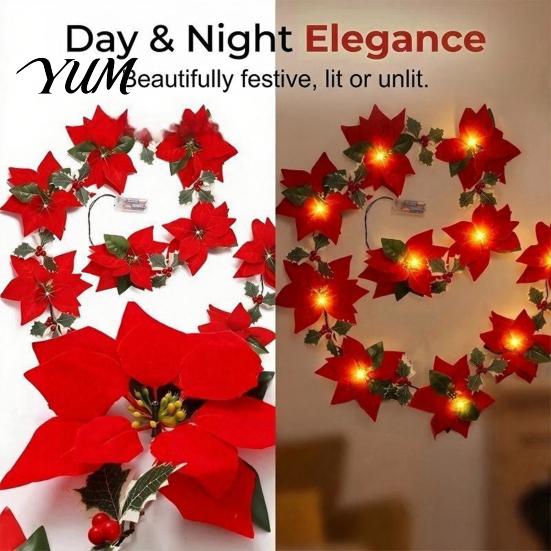 Warm White LED Winter Wreath Christmas Poinsettia Garland with Light, 78/118 Inch Lighted Artificial Flower Seasonal Decorative String Light