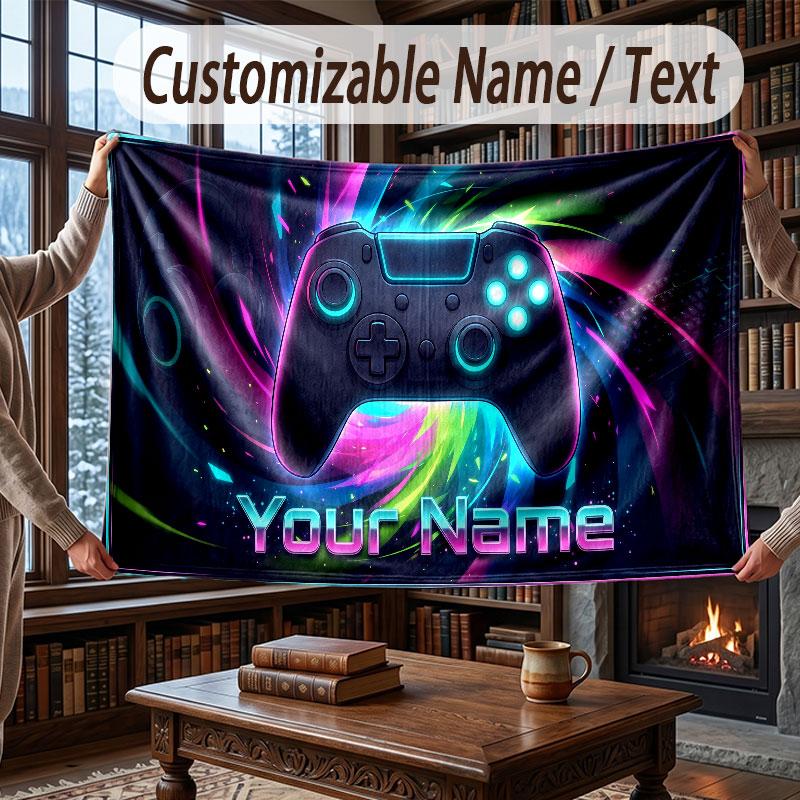 Game Controller Theme Throw Blanket Custom Name Text Personalized Blanket Soft Cozy Blanket for Home Sofa Bed