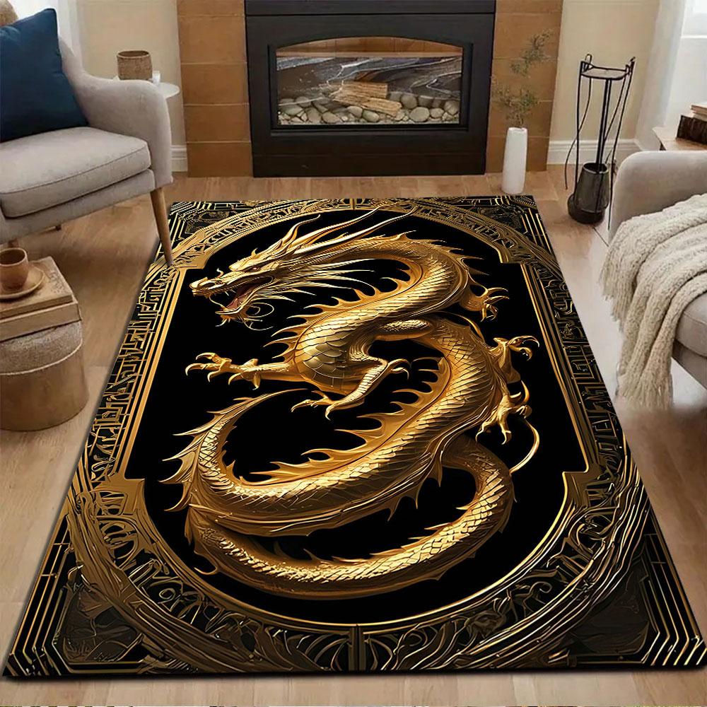 Golden Dragon Art Deco Design Patterned Carpet, Non Slip Mat Suitable for Living Room and Bedroom Sofas