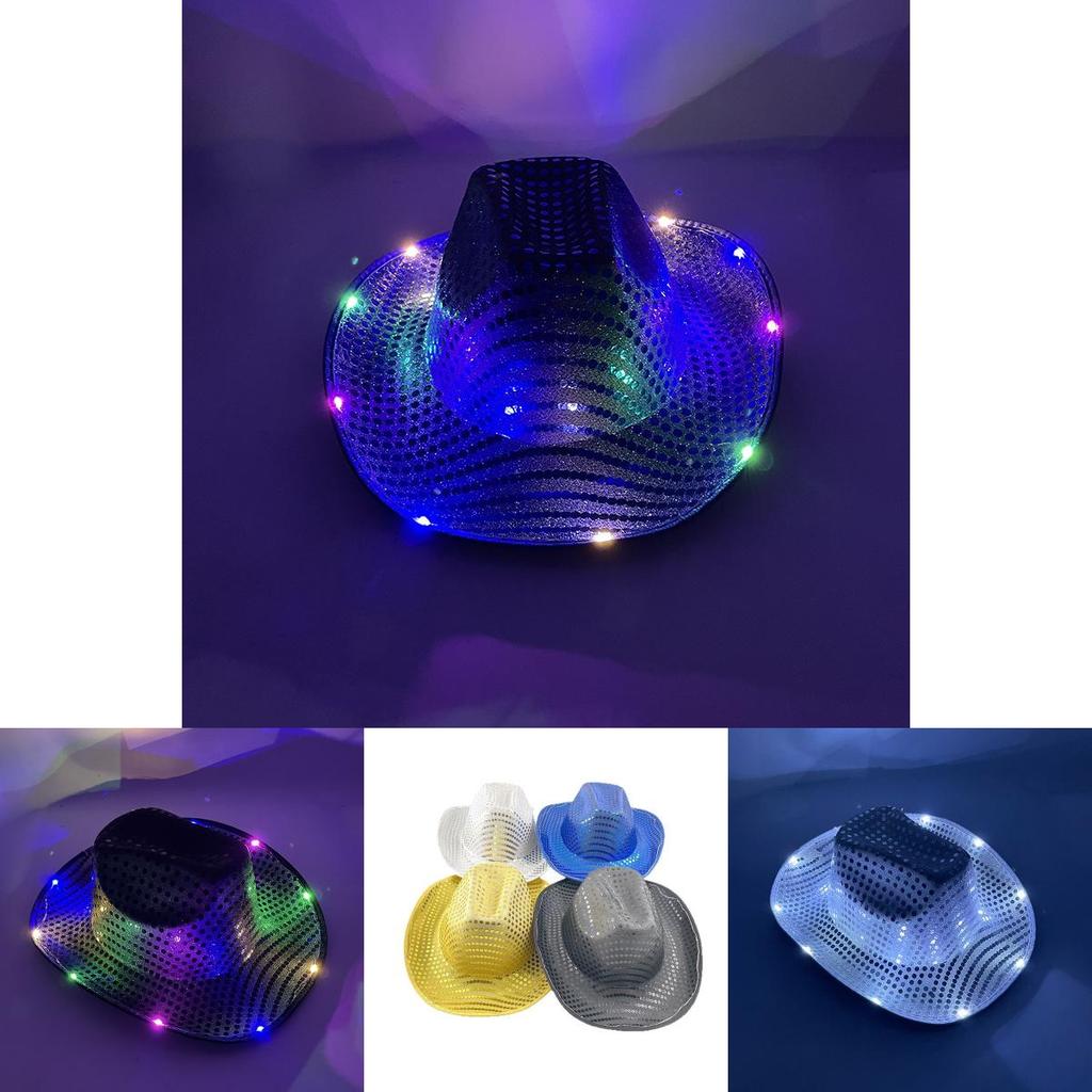 Four Color Led Light Up Western Cowboy Hat With Sequin Pattern For Party Cosplay Stage Performance