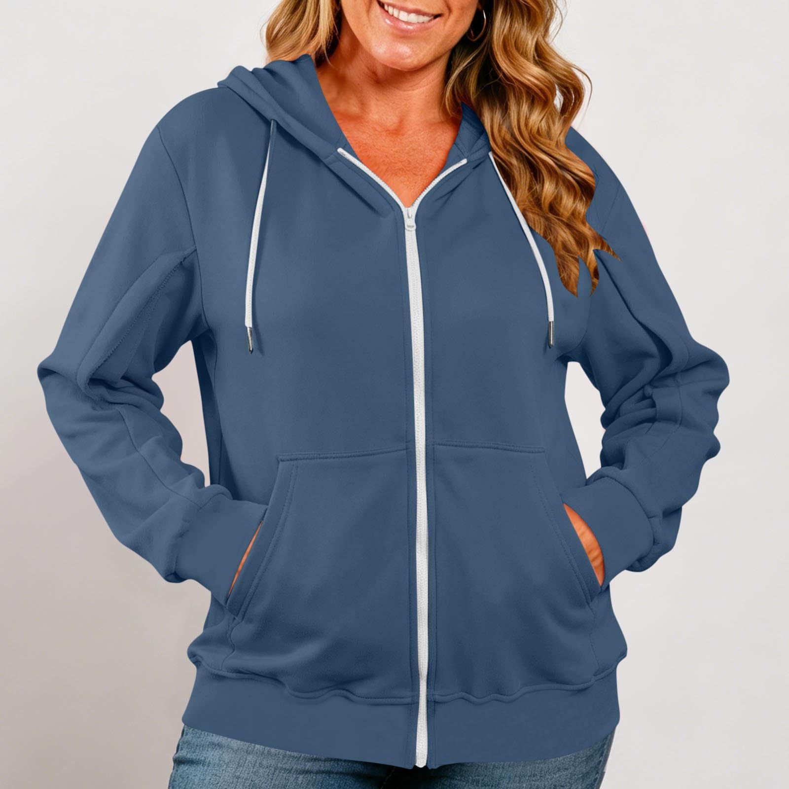 Damen Kapuzenpullover mit durchgehendem Reißverschluss, Daumenlöchern und Kordelzug XXL dunkelblau