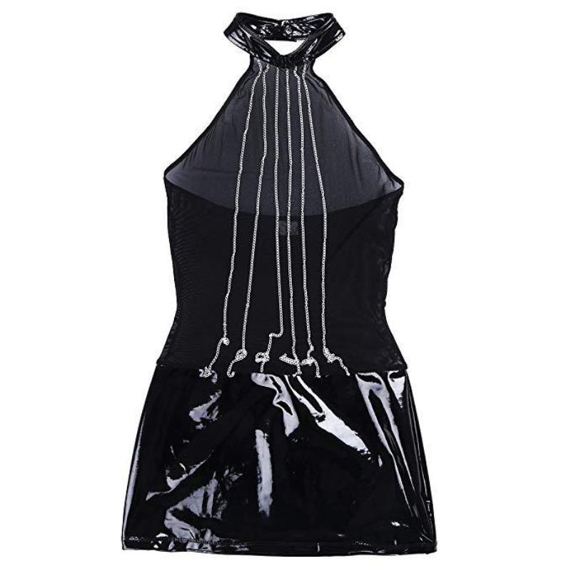 Sex underwear black mesh sexy perspective role-playing, patent leather scarf chain, sex underwear