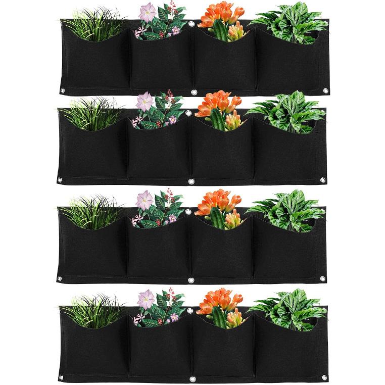 4Pcs 4 Pocket Felt Vertical Wall Garden Planter Plant Grow Bag Reusable Wall Mounted Planting Growing Bag for Flower Vegetable(Black)