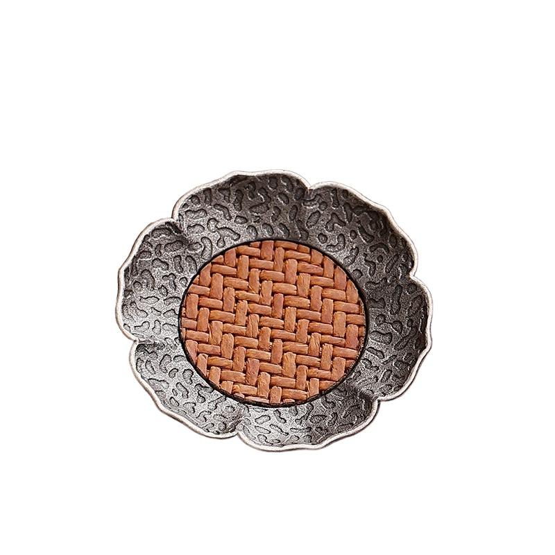 Antique silver alloy teacup pad, bamboo mat, thermal insulation teacup, cup holder, tea saucer, kung fu tea set accessories
