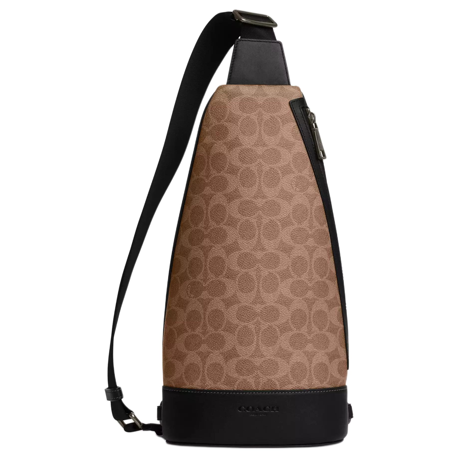 Coach Dominic 18 Allover Print Zipper Closure Coated Canvas Crossbody Bag Unisex bags Brown Black CY801-QBNRX Basic Set (Bag+Dust Bag)